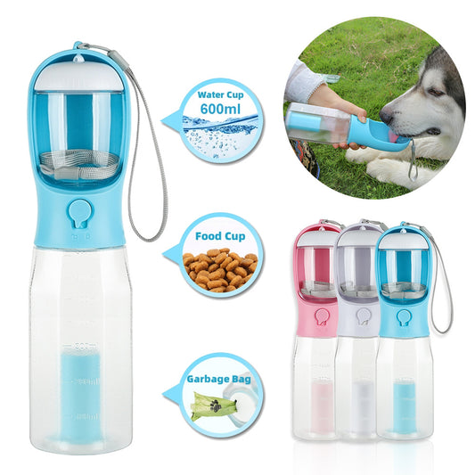 3-in-1 Portable Pet Water Bottle, Food Feeder & Poop Dispenser